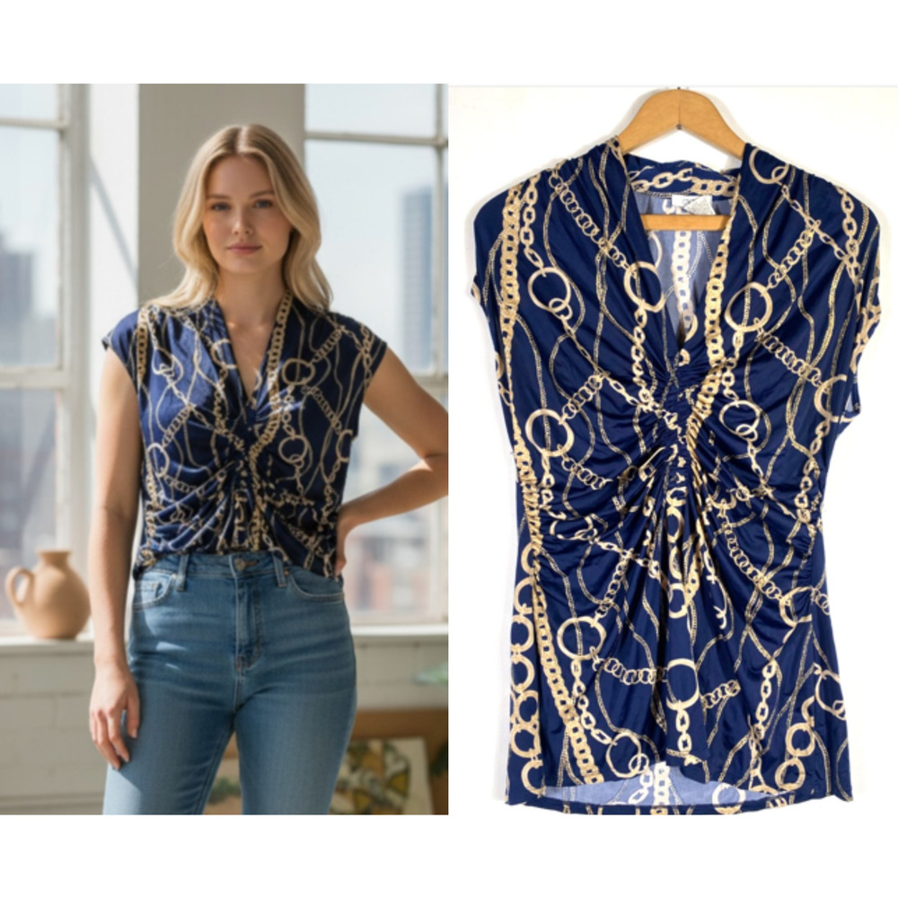 Cache Top Chain Link Equestrian Stretch Knit Gath… - image 1